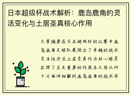 日本超级杯战术解析：鹿岛鹿角的灵活变化与土居圣真核心作用